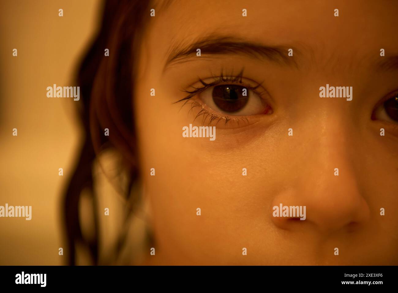 Immagine di una parte del volto di una ragazza dolce con ciglia lunghe e occhi marroni molto profondi, che guarda direttamente e saldamente la fotocamera Foto Stock
