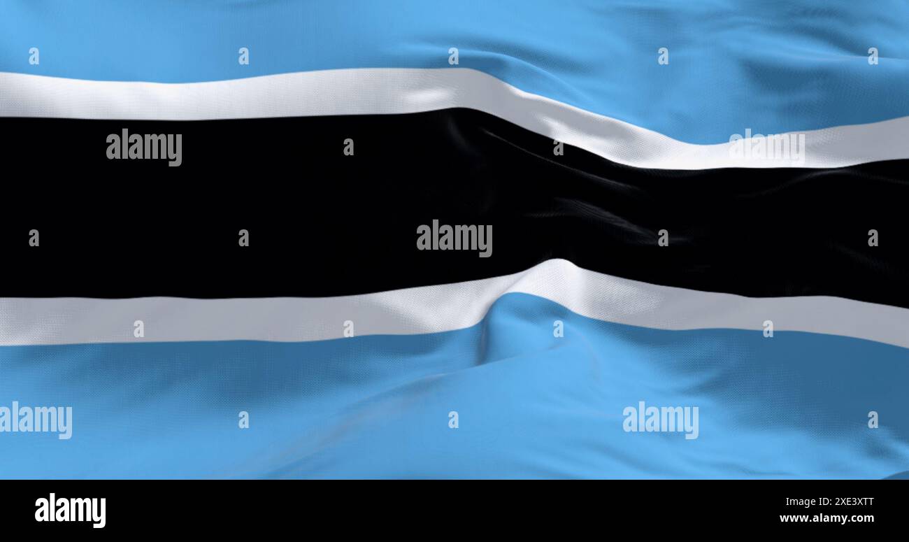 Primo piano della bandiera nazionale del Botswana. Campo azzurro con una striscia orizzontale bianca e nera al centro. rendering dell'illustrazione 3d. Svolazzante Foto Stock