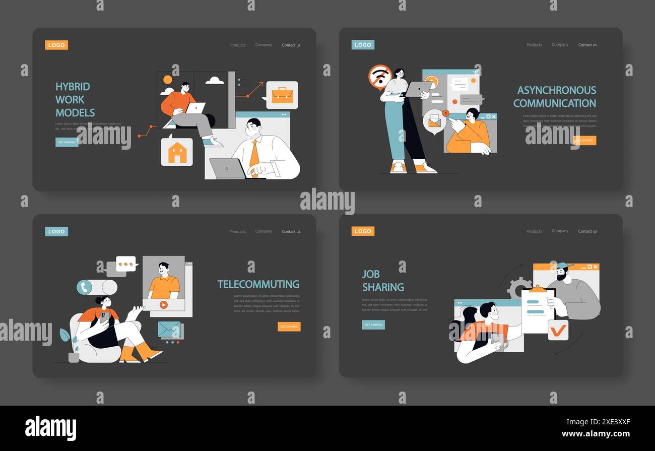 I modelli di lavoro ibridi offrono Una guida visiva alle collaborazioni remote, all'efficienza del telelavoro e ai ruoli lavorativi condivisi, personalizzando il lavoro in base alla vita nell'illustrazione vettoriale dell'era digitale Illustrazione Vettoriale