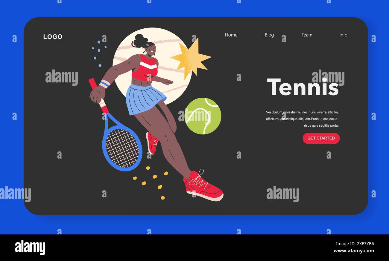 Banner Web a tema tennis con una giocatrice femminile ed elementi dinamici per catturare lo spirito del gioco. Illustrazione vettoriale. Illustrazione Vettoriale