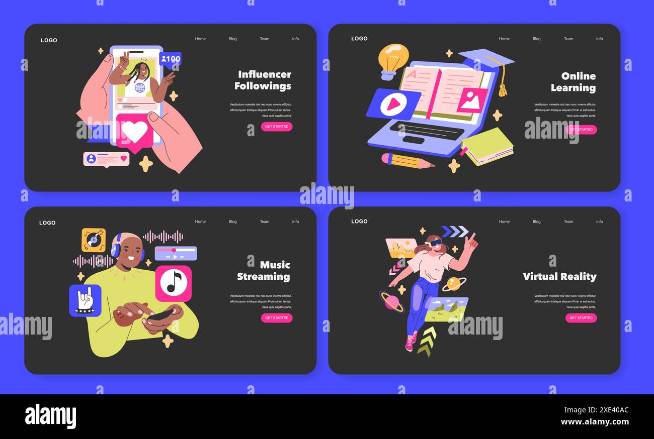 Set di banner Web per il consumo di contenuti multimediali che mostrano la cultura degli influencer, le piattaforme di e-learning, lo streaming musicale e l'immersione nella realtà virtuale esplorazione dello stile di vita digitale illustrazione vettoriale Illustrazione Vettoriale