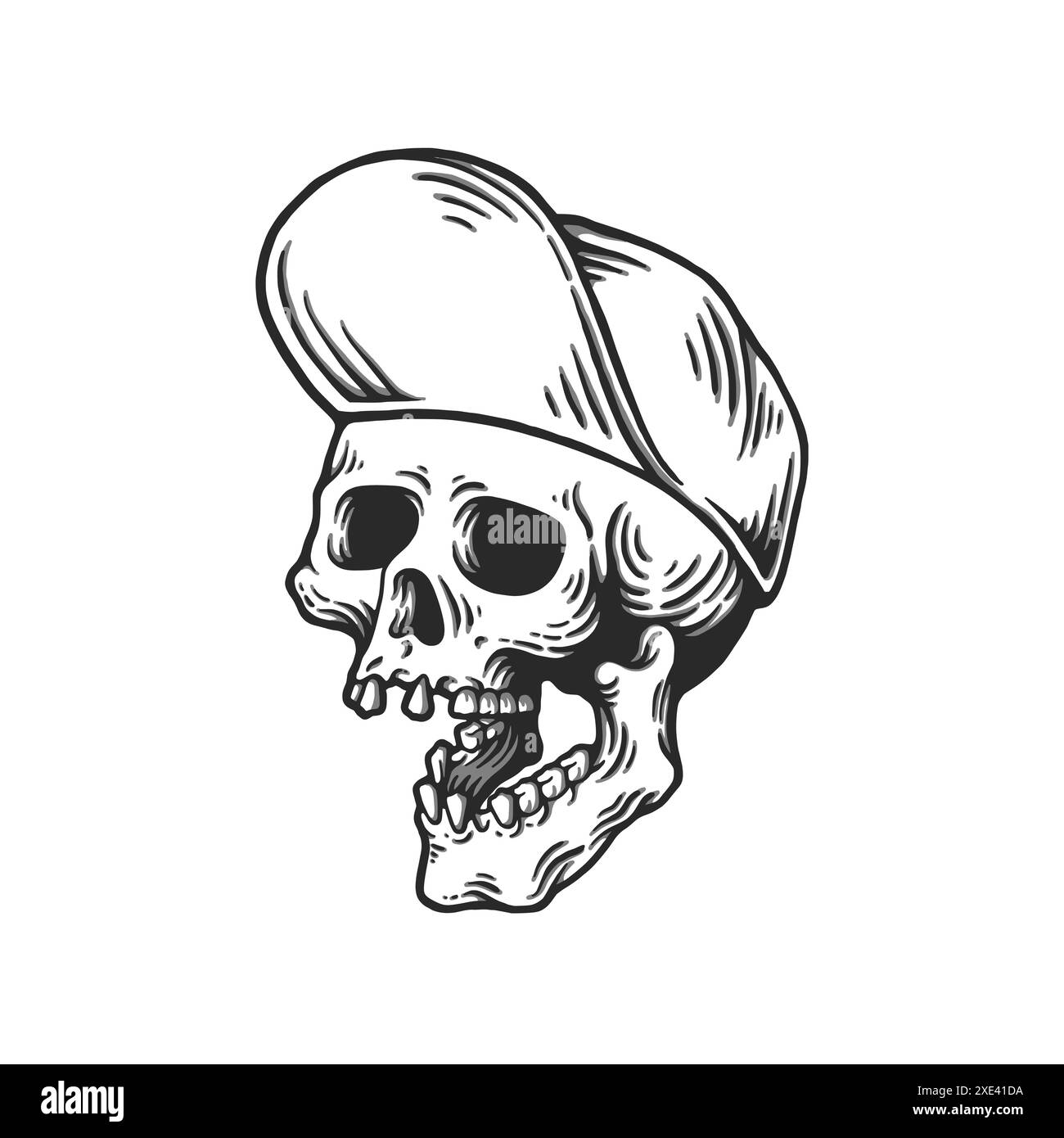 Testa del cranio nell'illustrazione vettoriale del cappellino da baseball. teschio con logo cappello. Isolato su sfondo bianco. Illustrazione Vettoriale