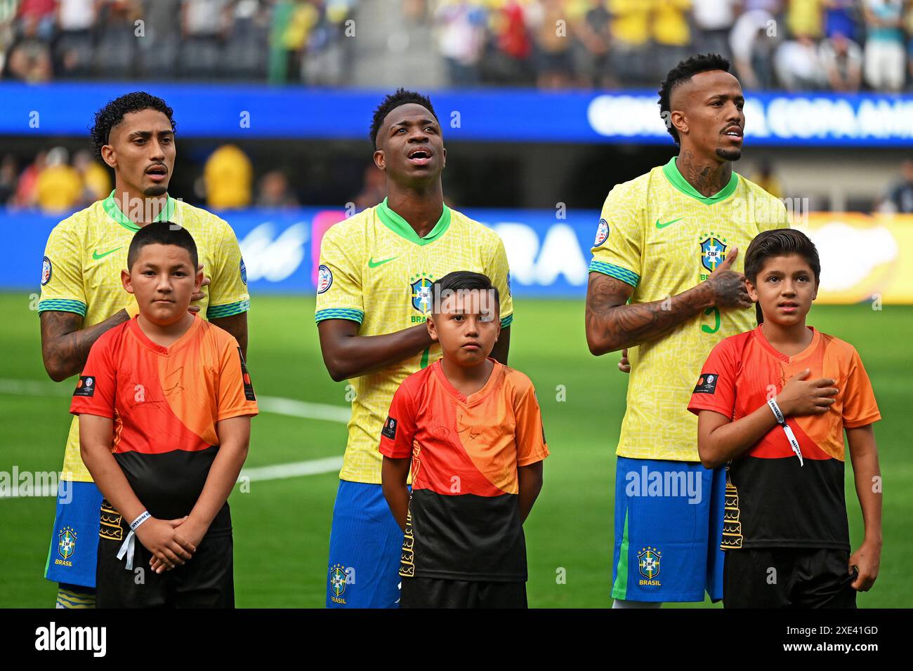 24 giugno 2024: Inglewood, Califonia, USA: Copa America International football, Brasile contro Costa Rica: Raphinha, Vinicius Jr. E &#xc9;der Milit&#xe3;o del Brasile Foto Stock