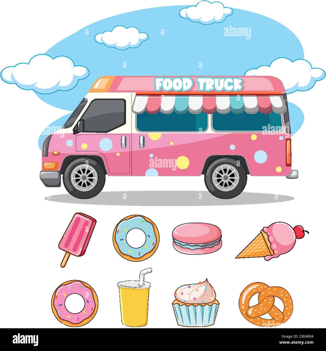 Food truck con vari deliziosi dessert e spuntini Illustrazione Vettoriale