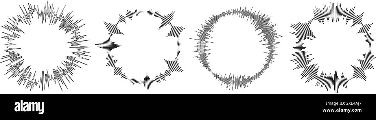 Set di pattern radiali a onde sonore. Raccolta di fasci solari circolari. Icona audio circolare, musica o voce. Pacchetto simboli dello spettro equalizzatore rotondo. Elementi centrali ondulati neri vettoriali Illustrazione Vettoriale