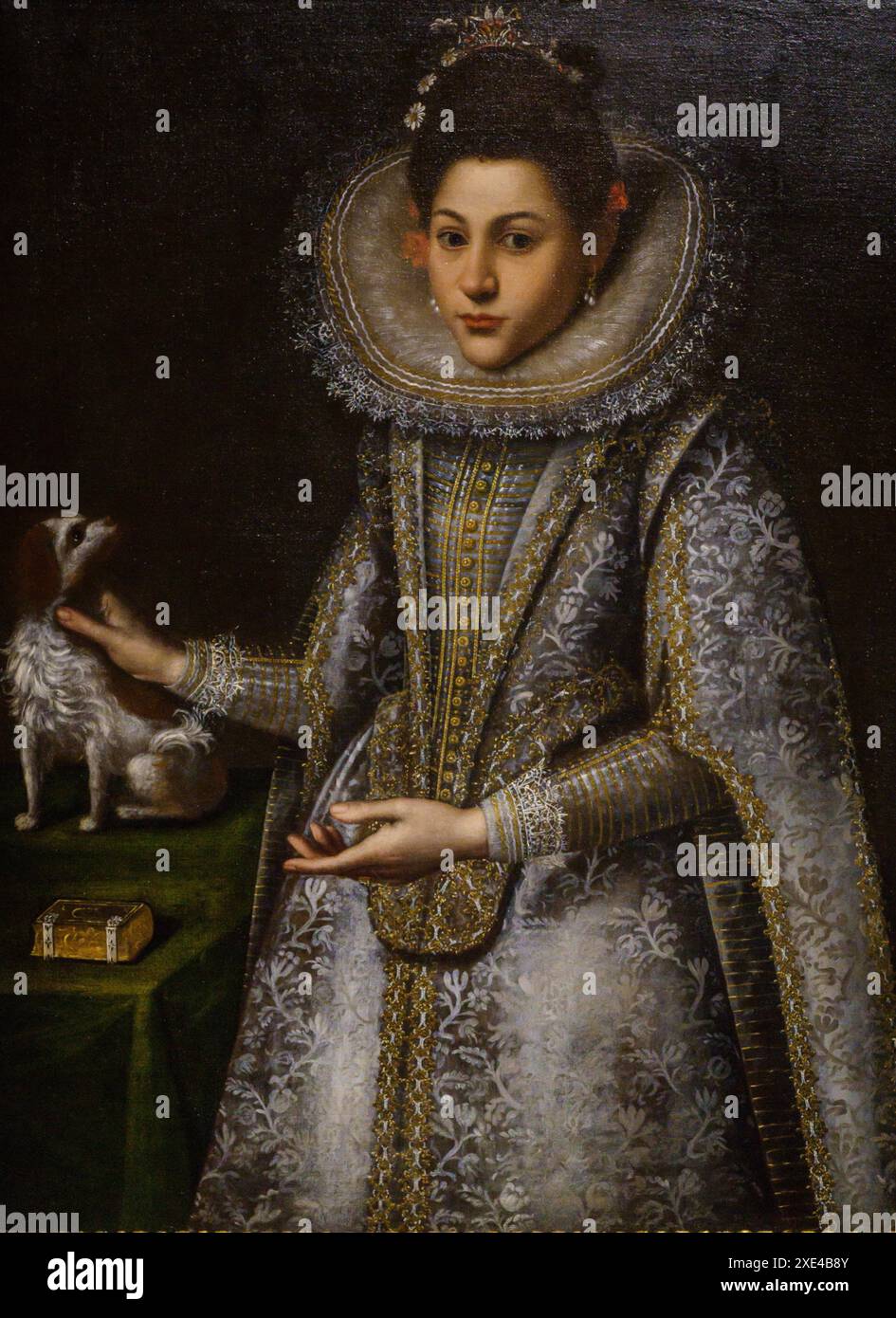 Ragazza con cane e libro di preghiere Foto Stock