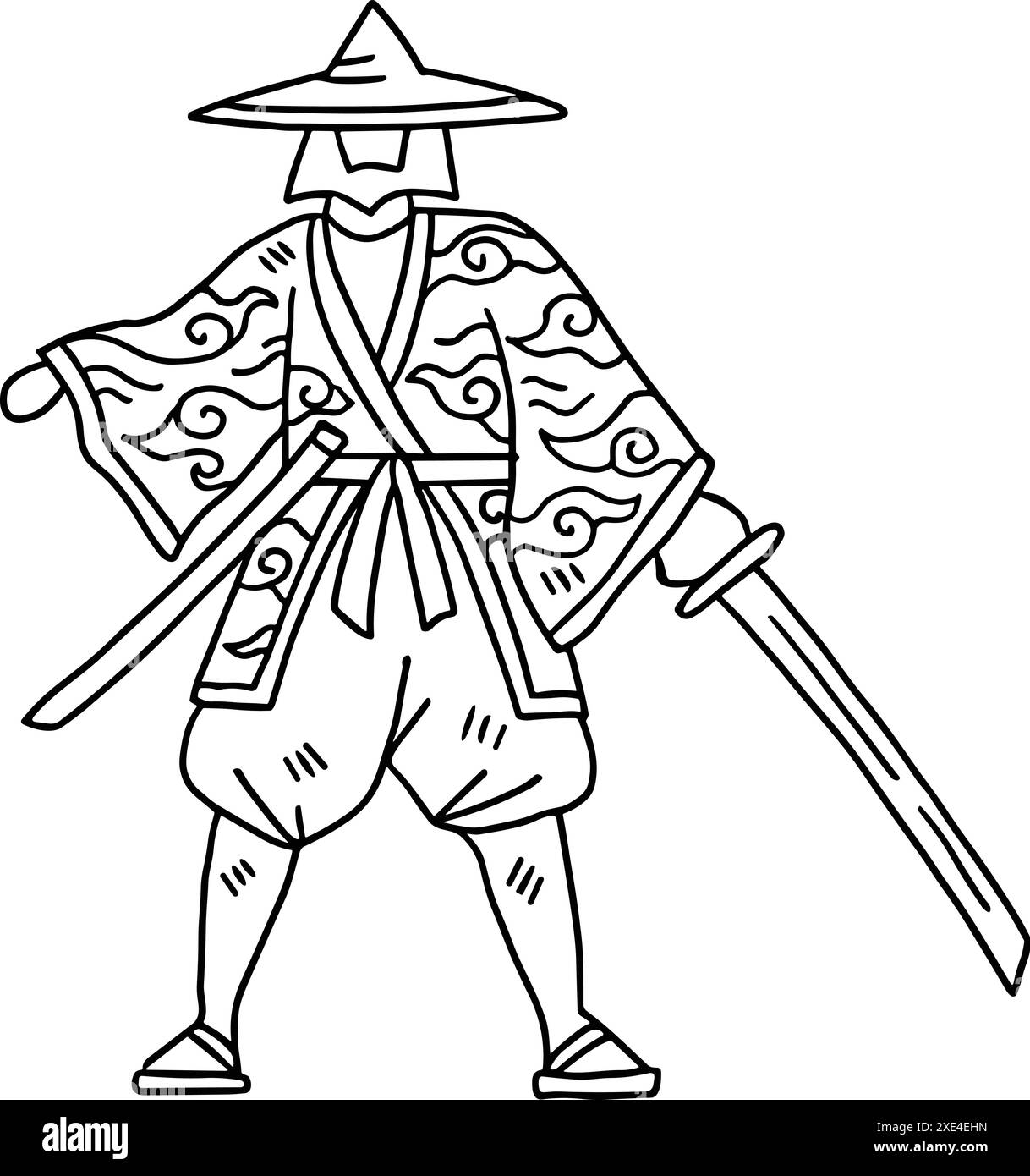 Un uomo in un kimono regge una spada. È vestito con abiti tradizionali giapponesi ed è pronto per la battaglia Illustrazione Vettoriale