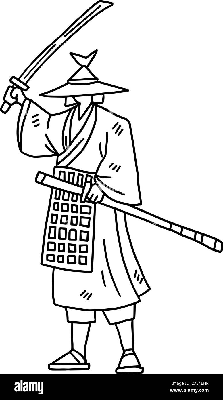 Un uomo in costume da samurai con una spada. L'immagine è in bianco e nero. La scena è seria e concentrata Illustrazione Vettoriale