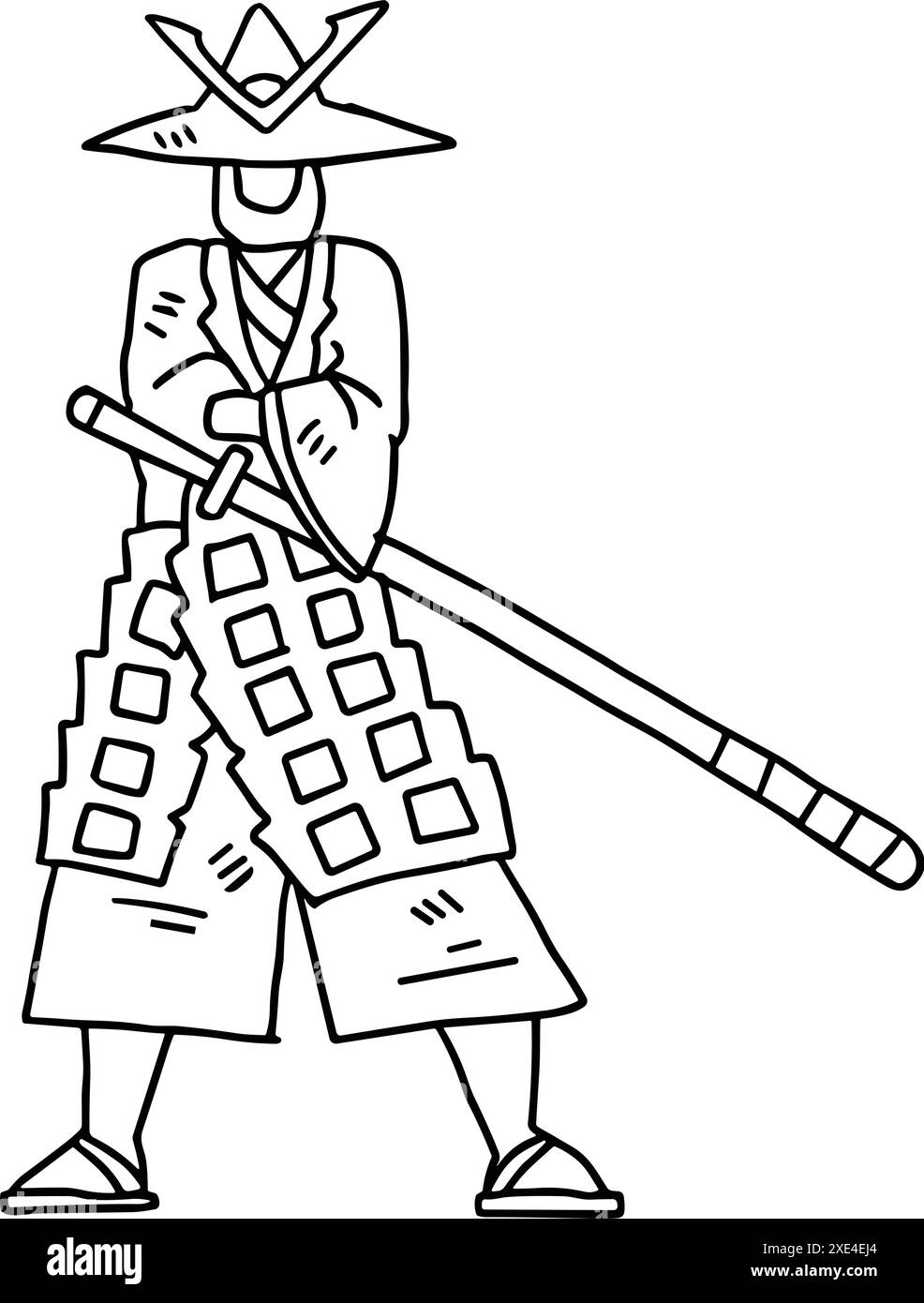 Un uomo in costume da samurai con una spada. L'immagine è in bianco e nero. La scena è seria e concentrata Illustrazione Vettoriale