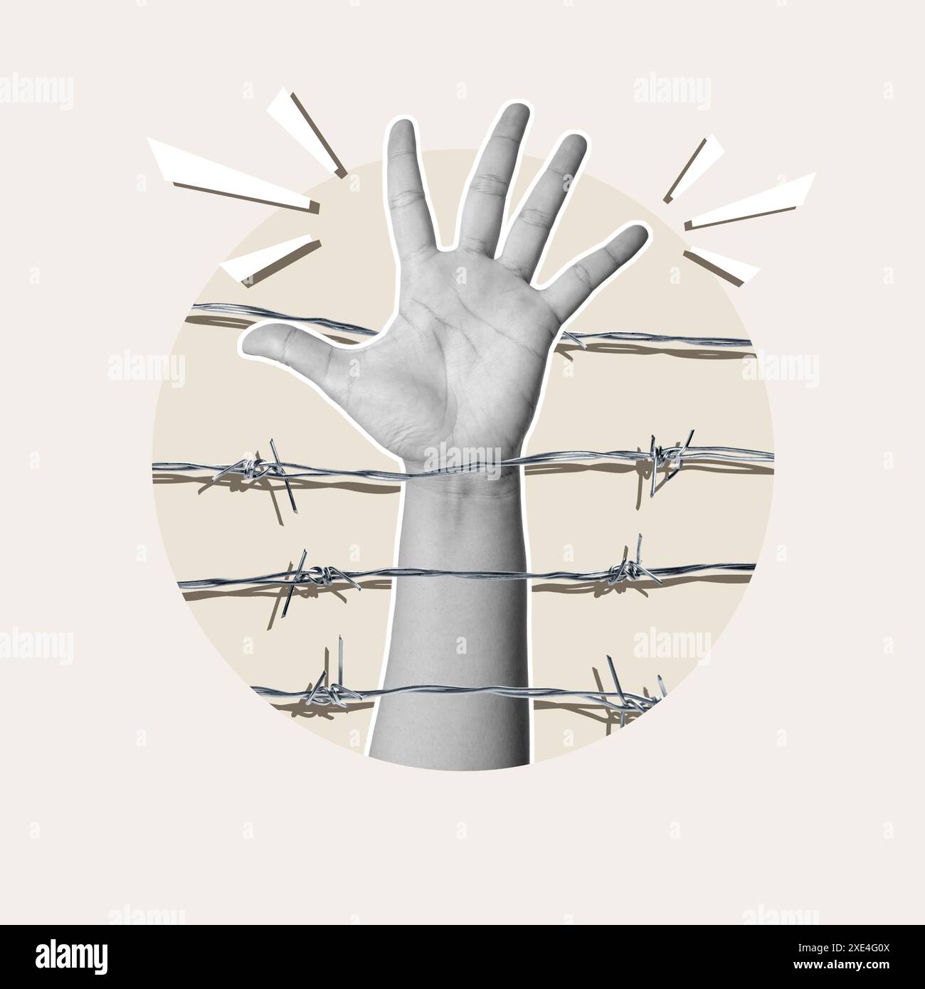 Una mano umana sollevata nell'aria al centro del filo spinato su uno sfondo colorato. Arte collage Foto Stock