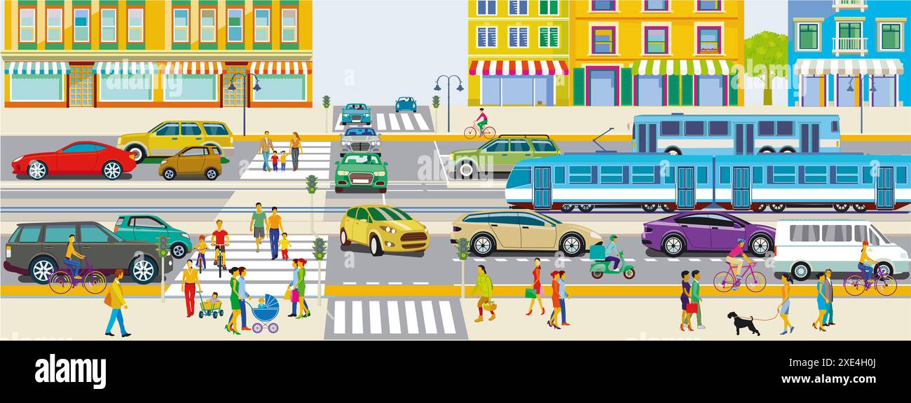 Sagoma di una città con illustrazione dei trasporti pubblici Foto Stock