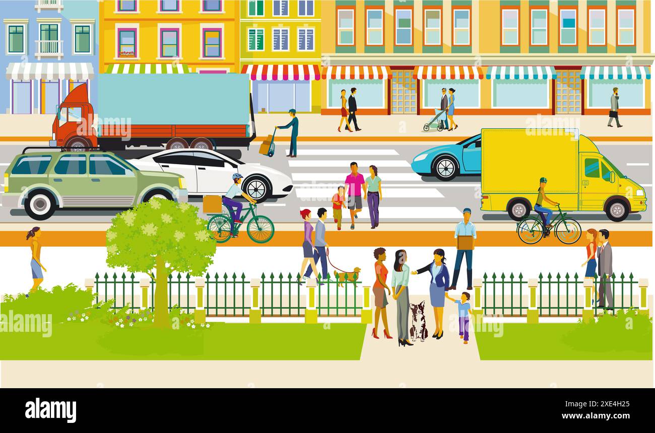 Sagoma di una città con traffico e illustrazione di consegna Foto Stock