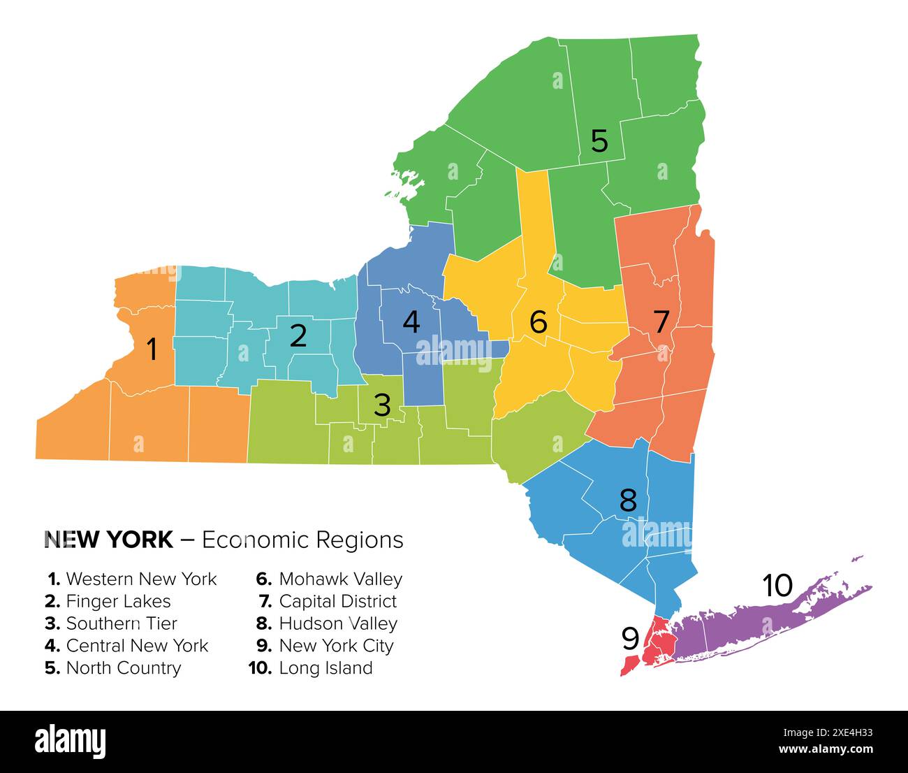 Regioni economiche dello Stato di New York, mappa politica multicolore. Le principali regioni economiche di New York, uno stato degli Stati Uniti nord-orientali. Foto Stock