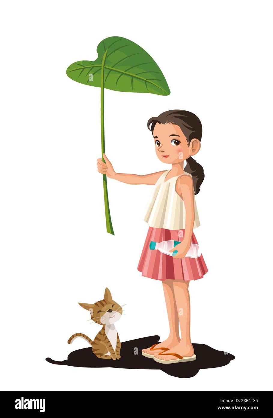 Ragazza e gattino con ombrello a foglia Foto Stock