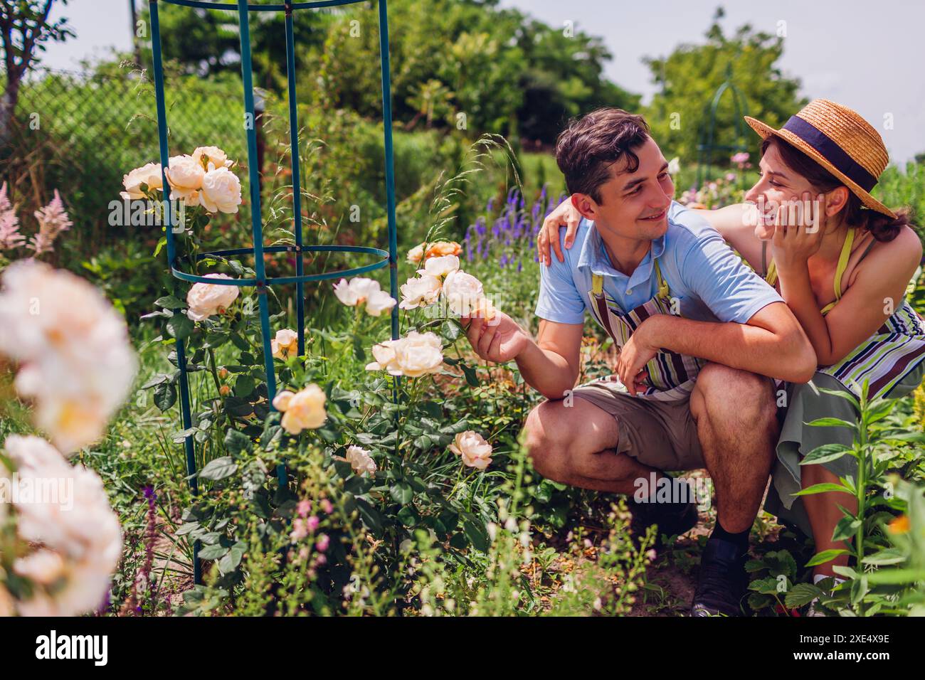 Felice giovane coppia che si gode i fiori insieme nel giardino estivo. Giardinieri che controllano le piante che indossano grembiuli nel giardino di rose cottage Foto Stock