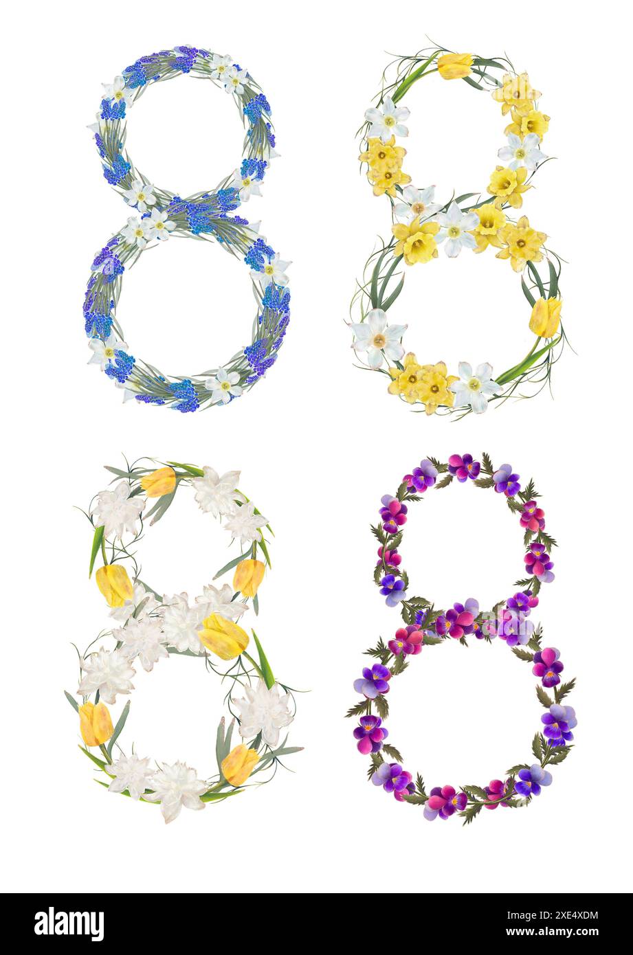 Design con fiori vivaci, numero 8, e disposizione elegante mette in mostra elementi artistici e belli. Oggetti isolati su sfondo bianco per la progettazione di opuscoli, volantini, e-pack, etichette o pubblicità. Arte digitale. Foto Stock