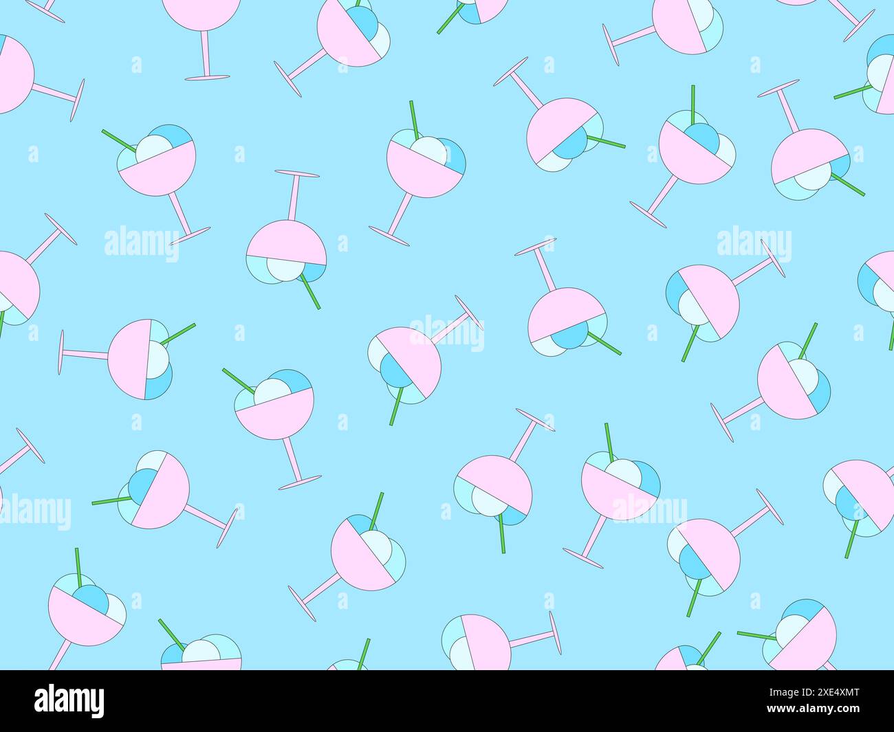 Gelato con un motivo senza cuciture in vetro. Palline da gelato in un bicchiere con un cucchiaio su sfondo blu. Design per sfondi, involucri, copertine, striscioni Illustrazione Vettoriale