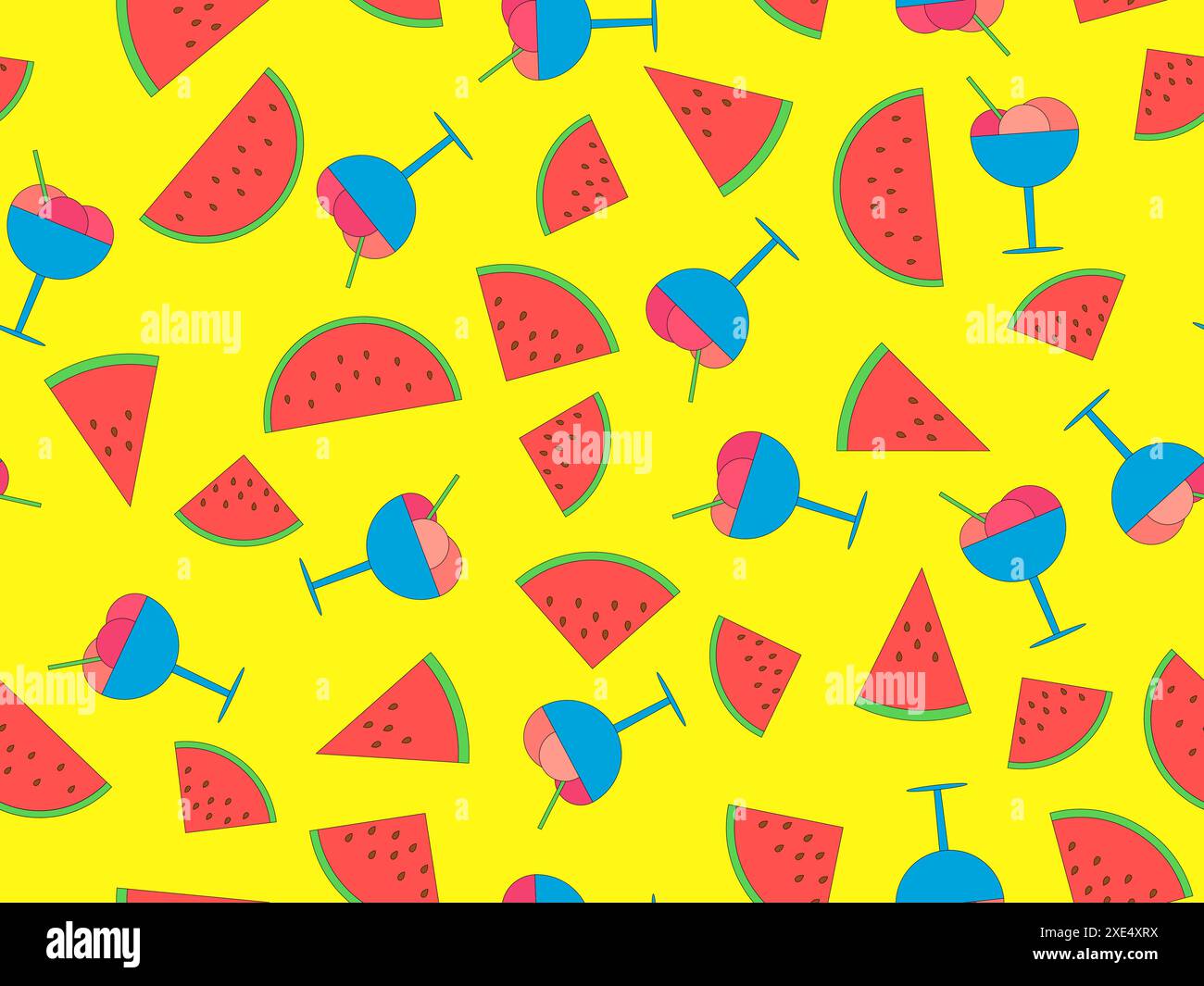 Motivo senza cuciture con gelato in un bicchiere e fette di anguria. Palline da gelato in un bicchiere con gusto di anguria. Disegna sfondi, avvolgimenti, insenatura Illustrazione Vettoriale