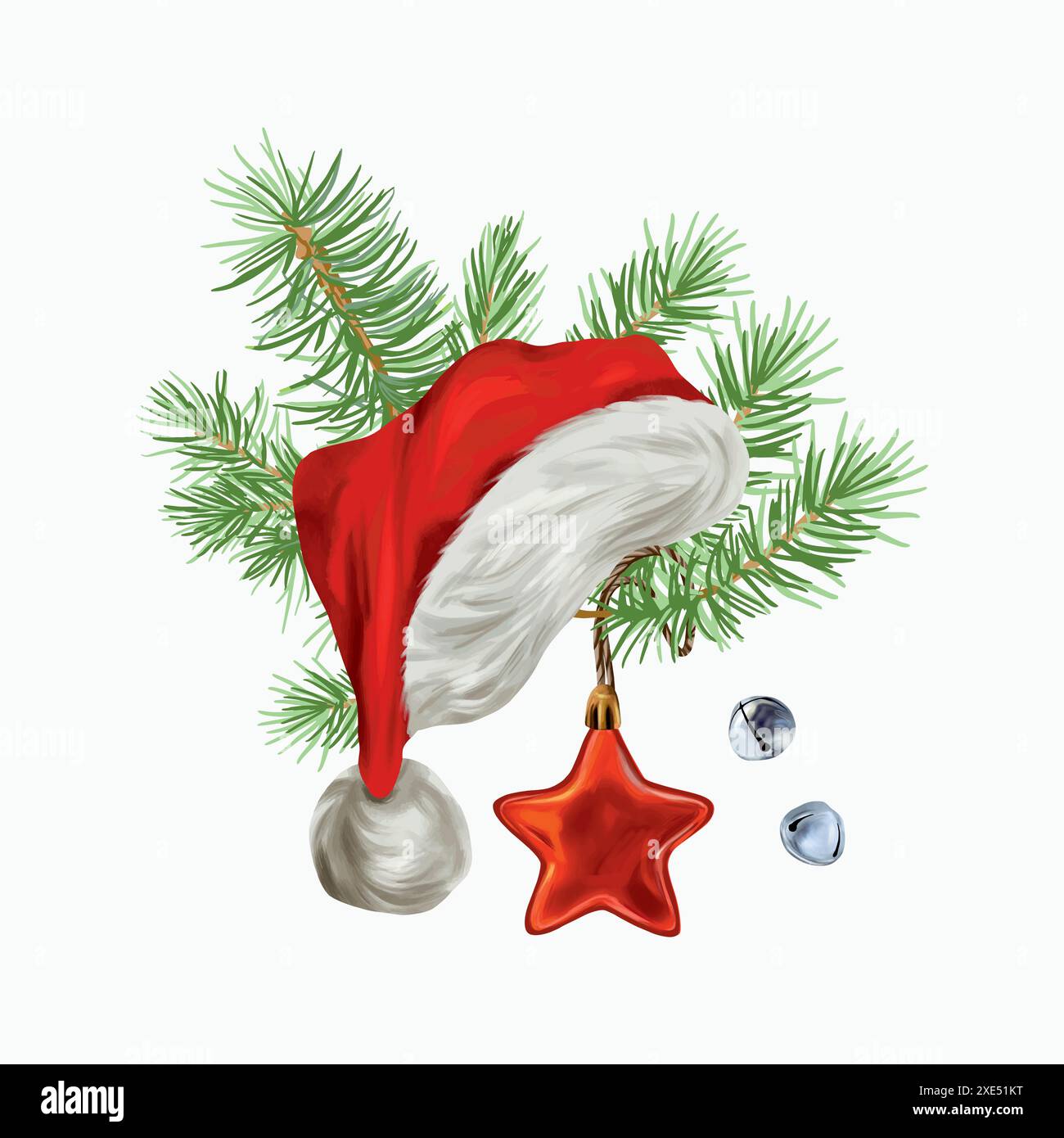 Cappello di Babbo Natale, ramo di abete, giocattolo stellare sull'albero di Natale. Illustrazione vettoriale disegnata a mano in stile vintage. Per biglietti di Capodanno, inviti, banner di grandi dimensioni, Illustrazione Vettoriale