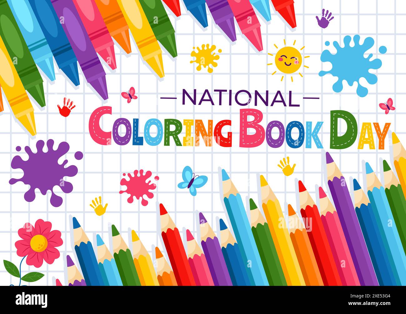 Illustrazione vettoriale National Coloring Book Day per il 2 agosto con matite colorate o pastelli per disegnare su uno sfondo a cartone piatto Illustrazione Vettoriale