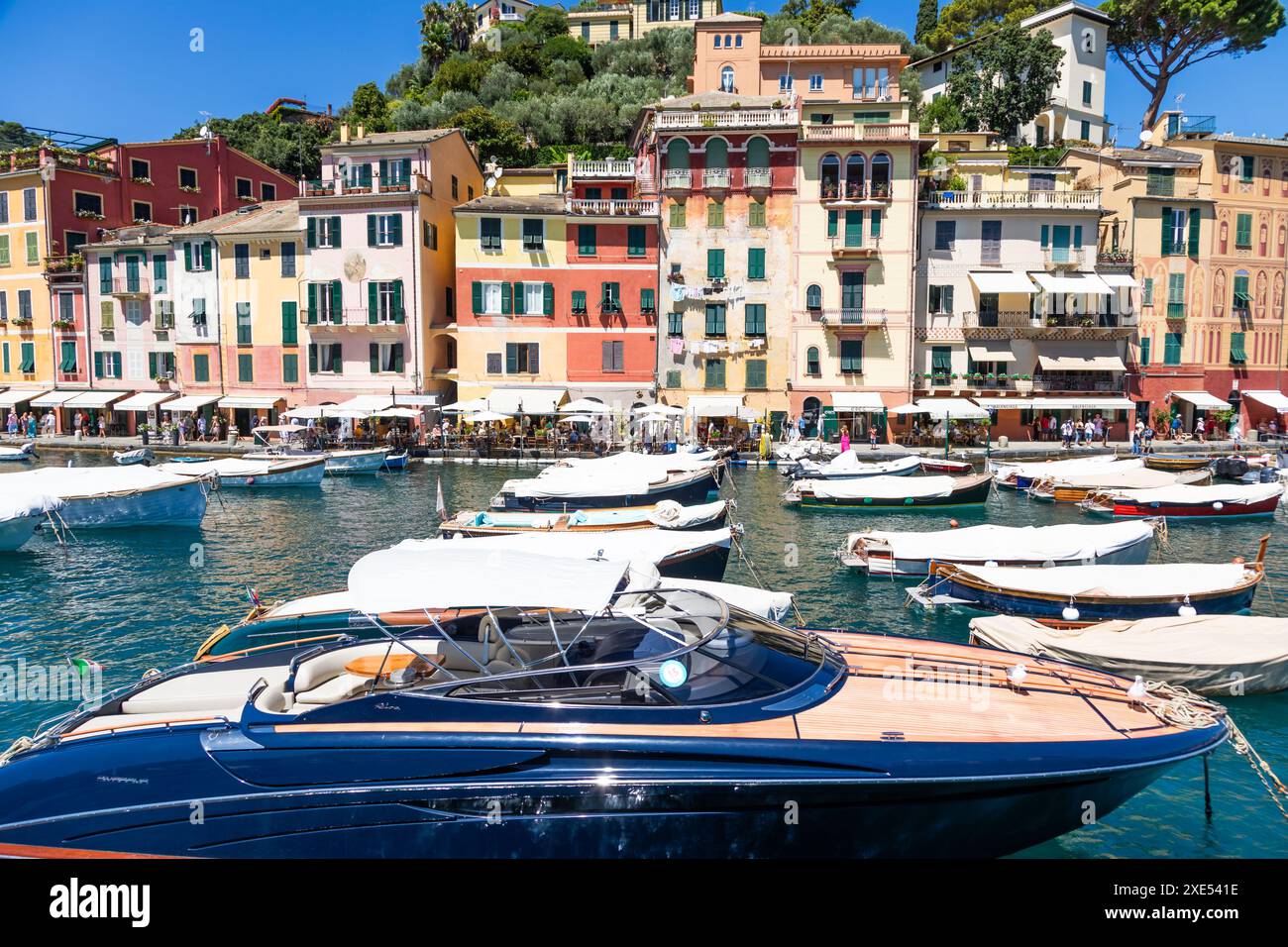 Portofino, Italia - panorama panoramico con mare e yacht di lusso. Destionazione di viaggio in Italia Foto Stock