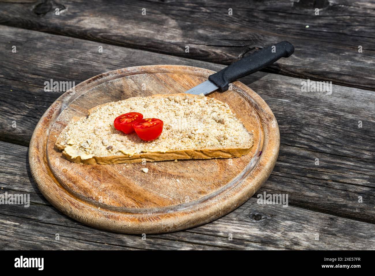 Fetta di pane della fattoria con formaggio impastato sul Karseggalm in Grossarltal. Il formaggio impastato è prodotto su un pascolo alpino di 400 anni. Fai un'escursione sull'Almenweg attraverso Salzburgerland, Großarl, Salisburgo, Austria Foto Stock