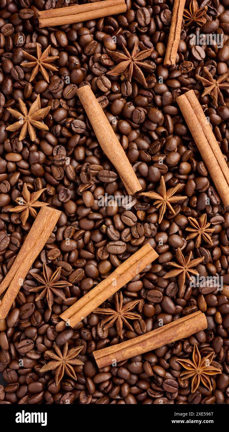 Chicchi di caffè tostati, bastoncini di cannella e anice stellato, full frame Foto Stock