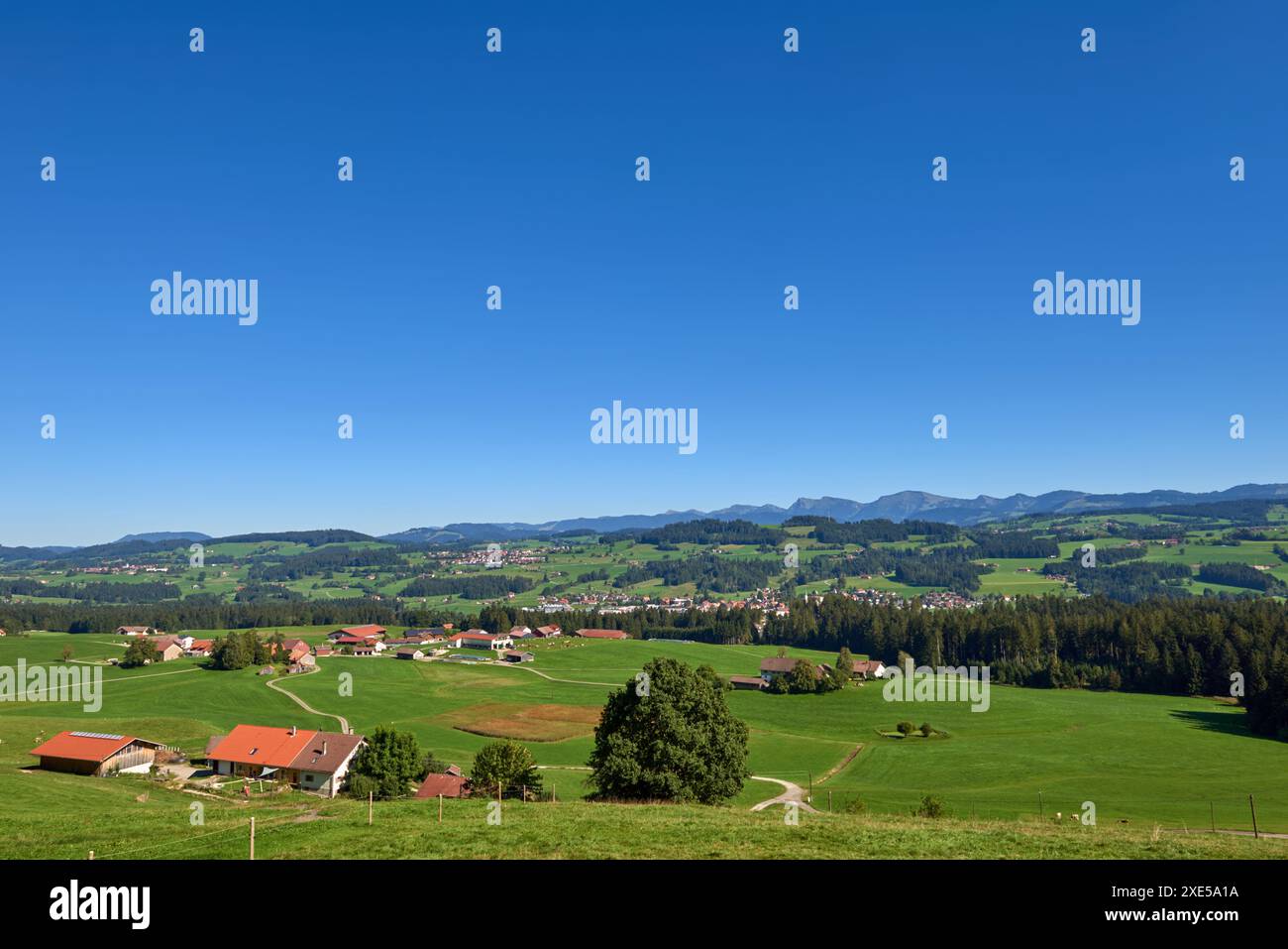 Il fascino delle colline alpine: Le colline rurali vivono con le fattorie. Campagna montana: Dimore contadine, pascoli, Foto Stock
