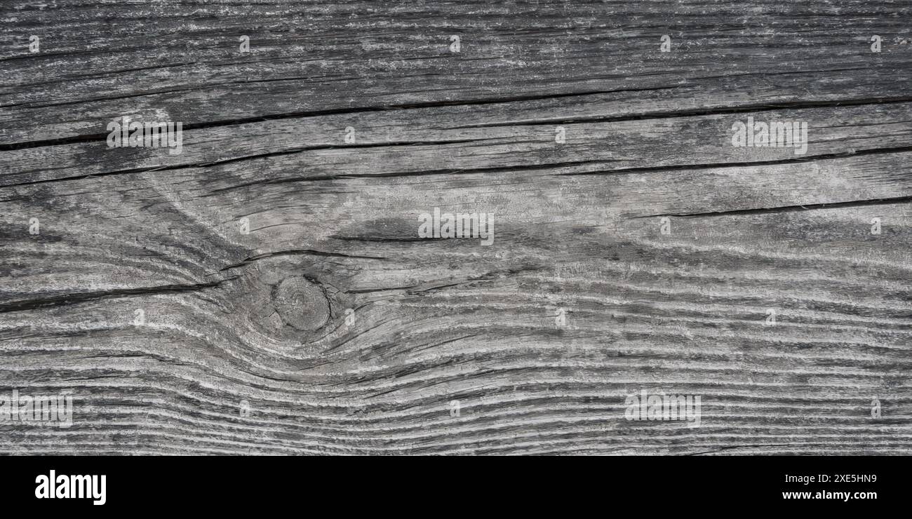 Primo piano di una tavola di legno grigio scuro con incrinature visibili e motivi di grana intricati. Texture in legno intramontabile Foto Stock