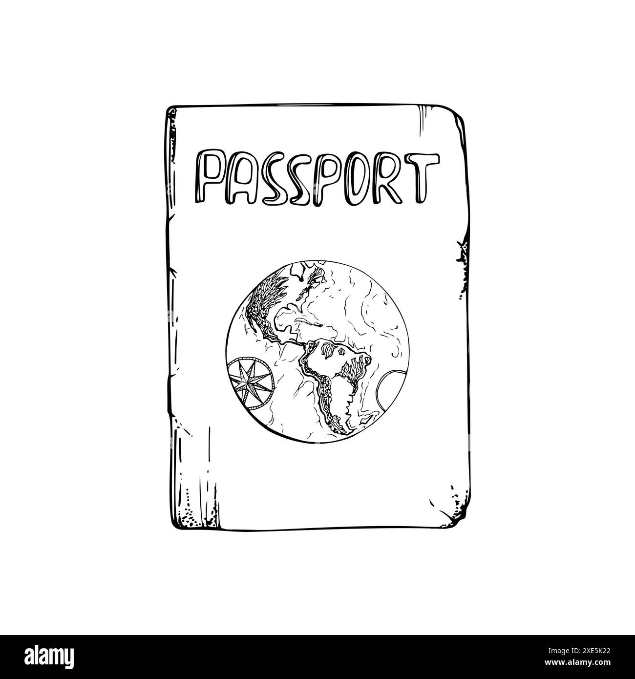 Documento di identità internazionale con passaporto con lettere d'oro e globo. Immagine disegnata a mano con inchiostro vettoriale di un oggetto isolato. Progettare per Illustrazione Vettoriale