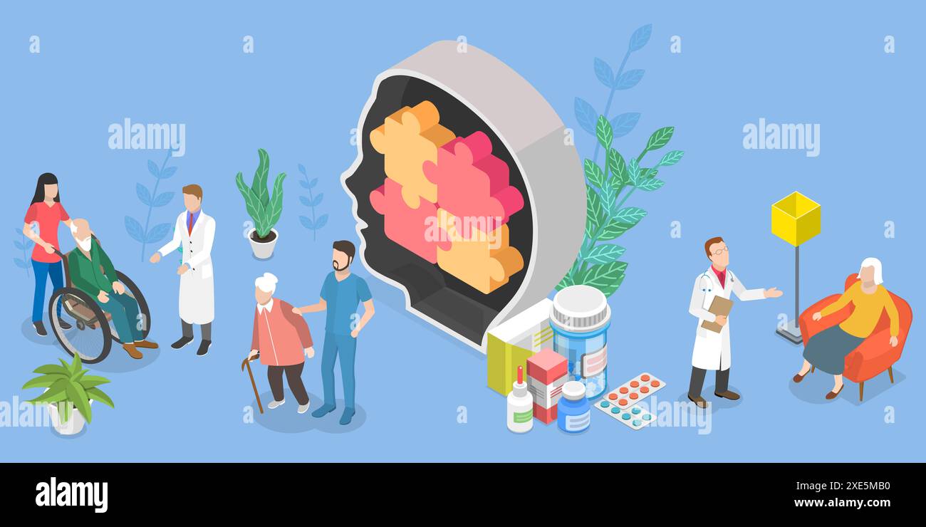Illustrazione concettuale piatta isometrica 3D della malattia di Alzheimer, trattamenti di perdita di memoria 3D Isometrica Flat Conceptual Illustrati Foto Stock