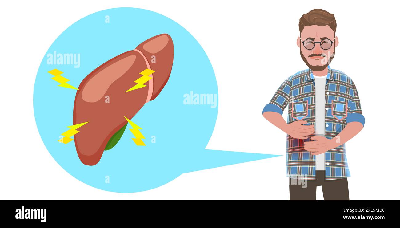 Illustrazione concettuale piatta 3D dell'uomo con dolore al fegato, effetti di una cattiva nutrizione sul corpo umano illustrazione concettuale piatta 3D. Foto Stock