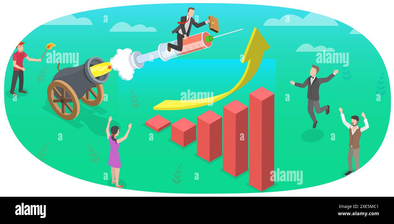 Illustrazione concettuale piatta isometrica 3D della ripresa economica post pandemia Covid-19, stimolo economico governativo 3D isometrica Foto Stock