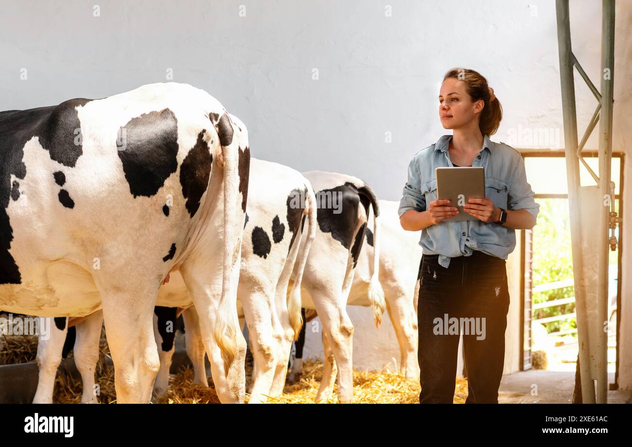 Lavoratrice agricola sicura di sé con tablet digitale che ispeziona il bestiame locale nel paese. Foto Stock