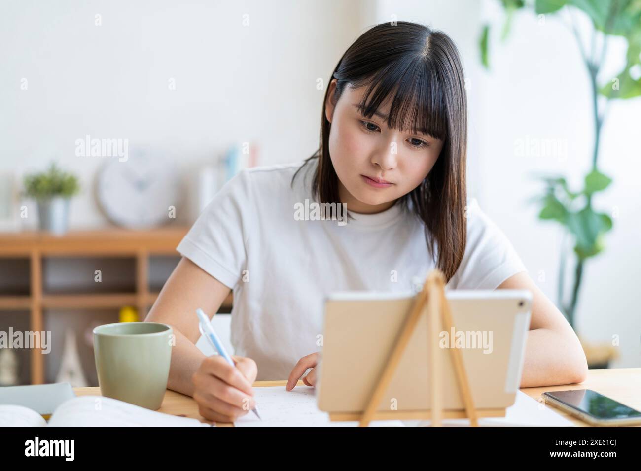 Studente che studia utilizzando un tablet Foto Stock