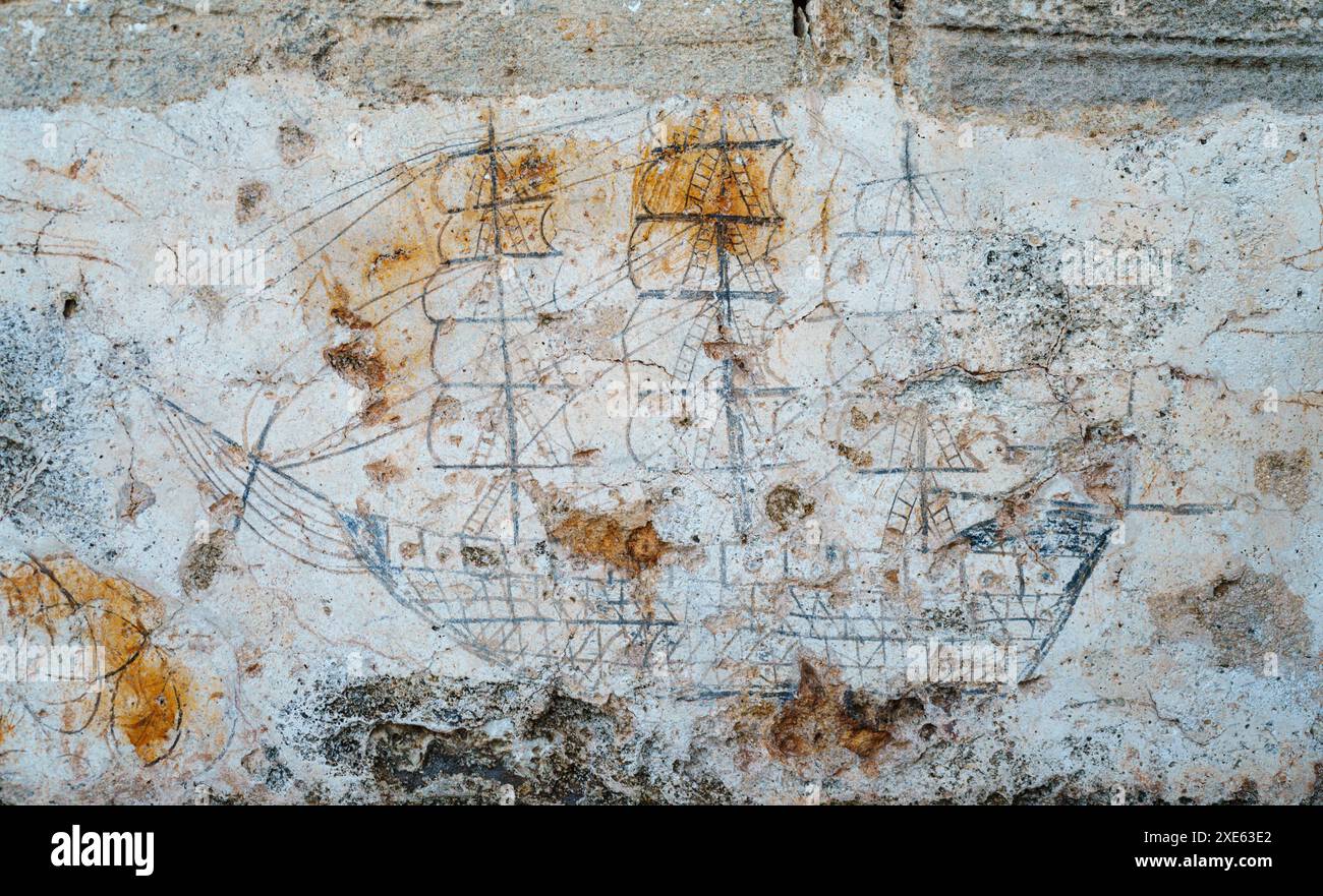 Disegno storico di un veliero a tre alberi sul muro Foto Stock