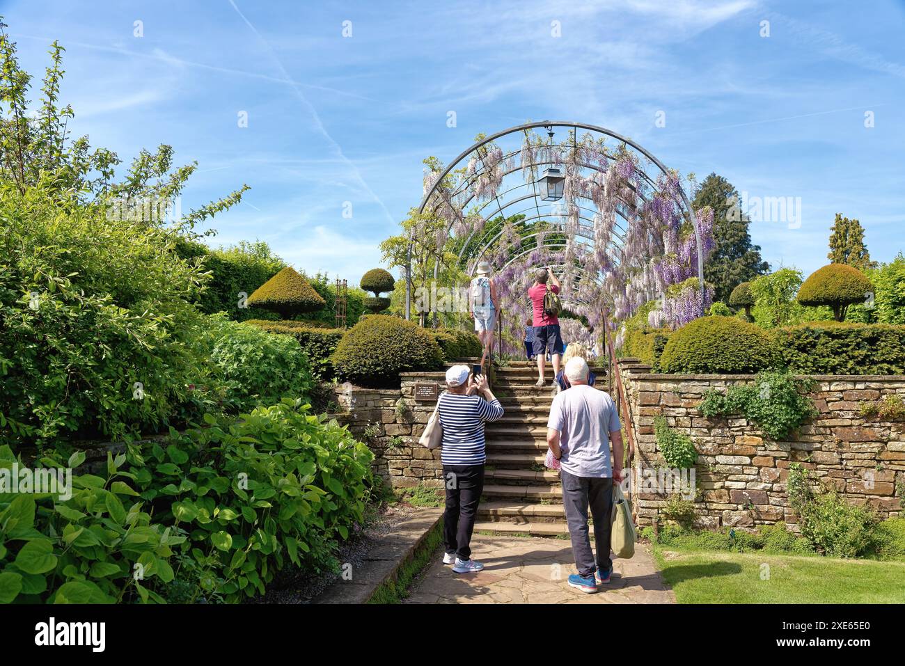 Visitatori che si godono una prima giornata di sole nelle prime estati presso il RHS, i giardini della Royal Horticultural Society a Wisley Surrey, Inghilterra, Regno Unito Foto Stock