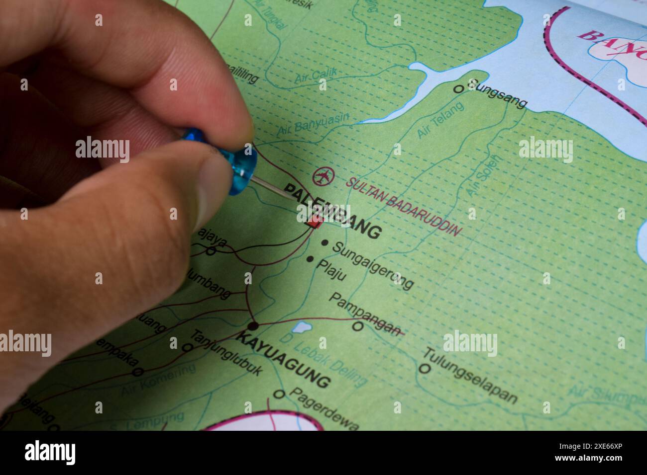 Pin on Map Palembang City, è la capitale della provincia di Sumatra meridionale, Indonesia Foto Stock