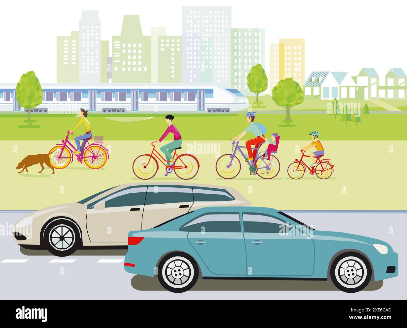 Ciclisti e auto con illustrazione del treno espresso Foto Stock