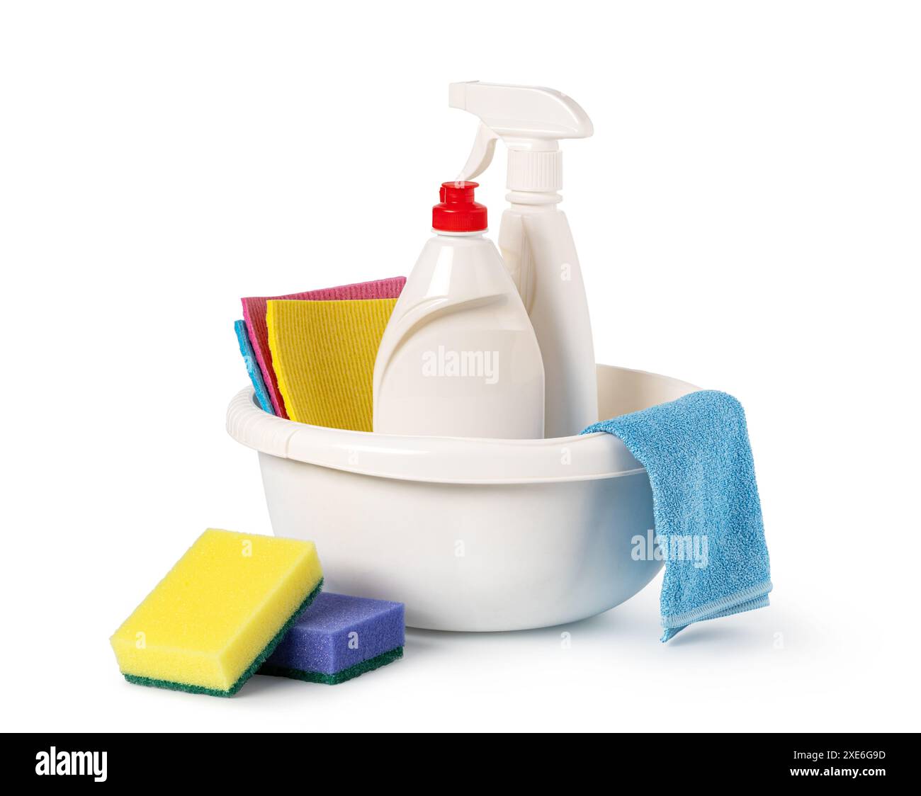 Prodotti per la pulizia. Spugna, detergente e panno per la pulizia domestica. Foto Stock