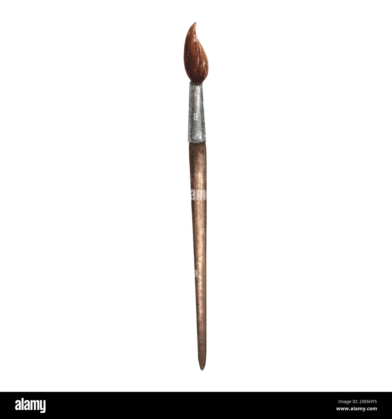 Pennello con punta marrone e manico in legno per l'arte. Articoli di cancelleria. Illustrazione ad acquerello disegnata a mano isolata. Forniture per laboratori creativi Foto Stock