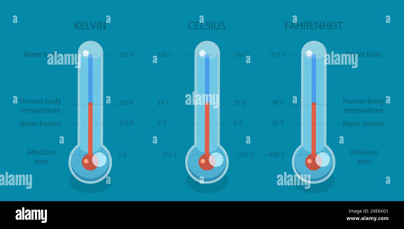 Illustrazione concettuale isometrica piatta 3D di Scala di temperatura, Celsius, Fahrenheit e Kelvin termometri Isometrici FLA 3D. Foto Stock