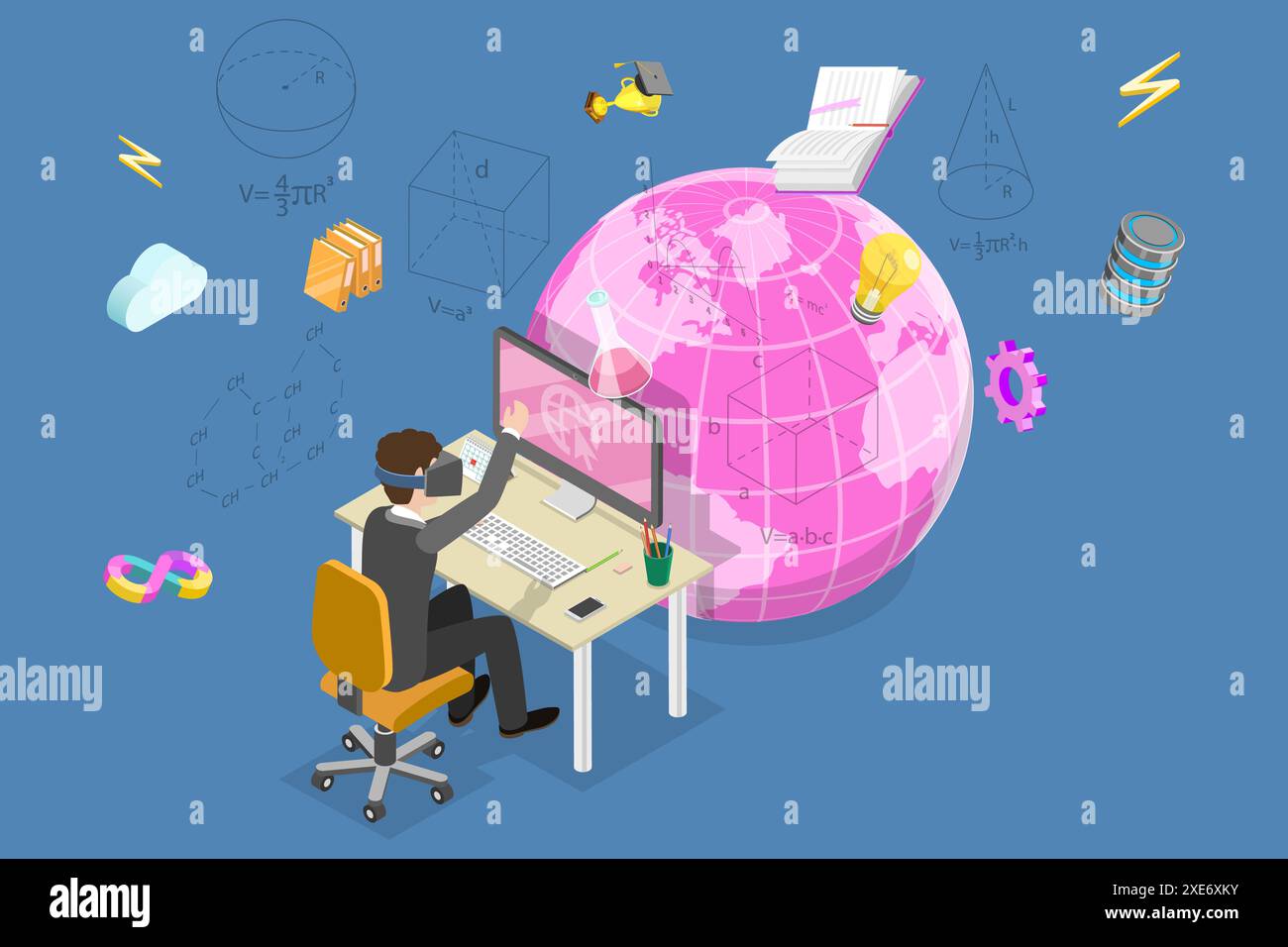 Illustrazione concettuale piatta isometrica 3D dell'educazione alla metaversa, Scuola virtuale online 3D Isometrica piatto concettuale il Foto Stock