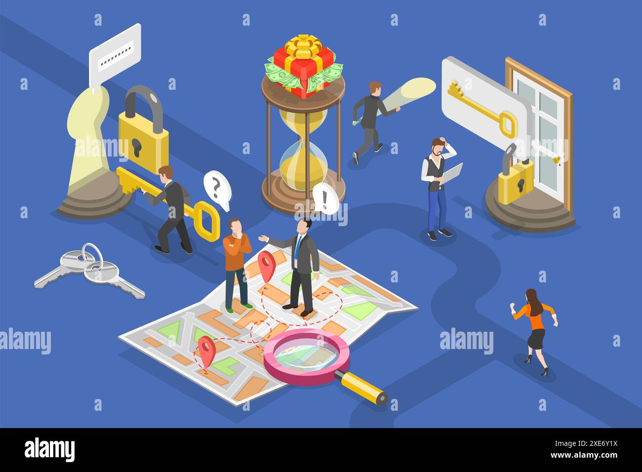 Illustrazione concettuale isometrica 3D di Escape Room Challenge, People Rrying to solve puzzle 3D Isometric Flat Conceptua Foto Stock