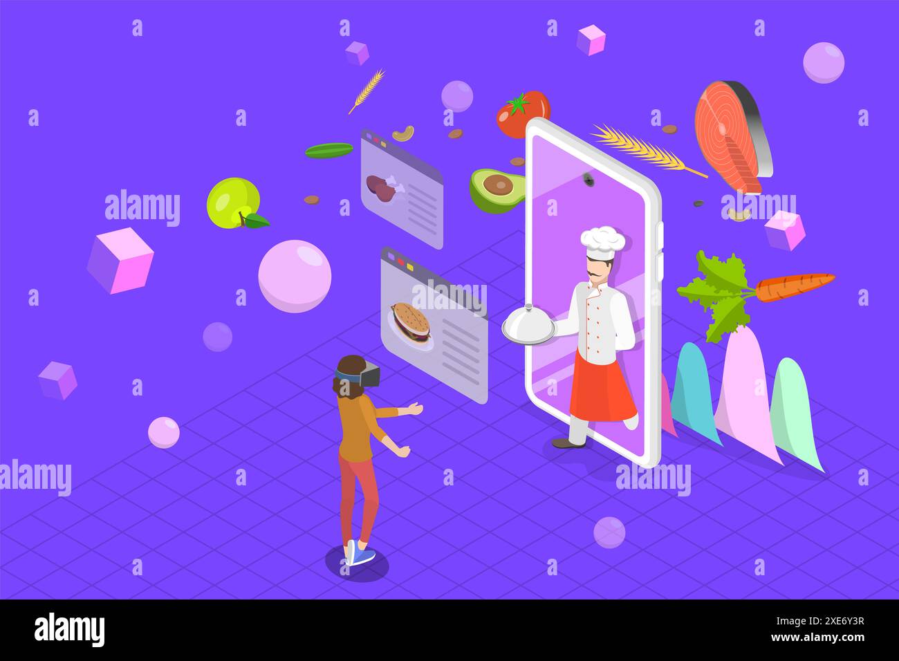 Illustrazione concettuale isometrica piatta 3D della metaversa alimentare, Online Restaurant Ordering 3D Isometric Flat Conceptual Illustrat Foto Stock