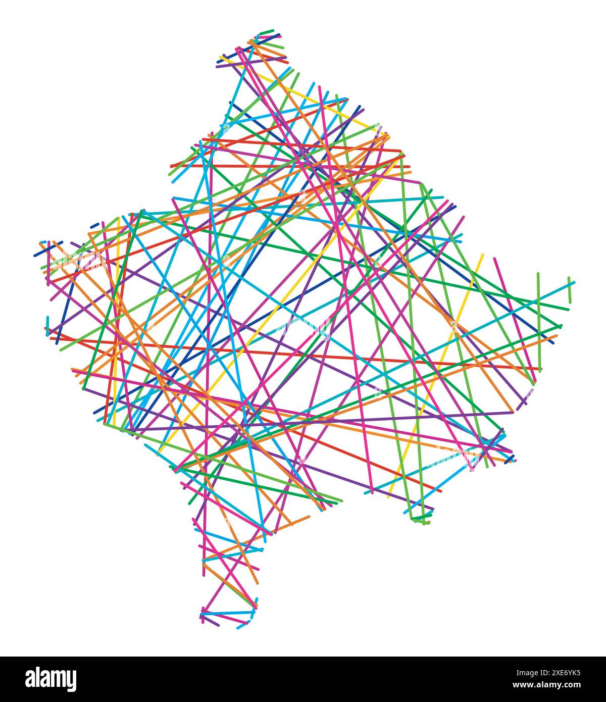 Mappa astratta del Kosovo che mostra il paese con linee colorate incrociate casuali come una ragnatela Illustrazione Vettoriale
