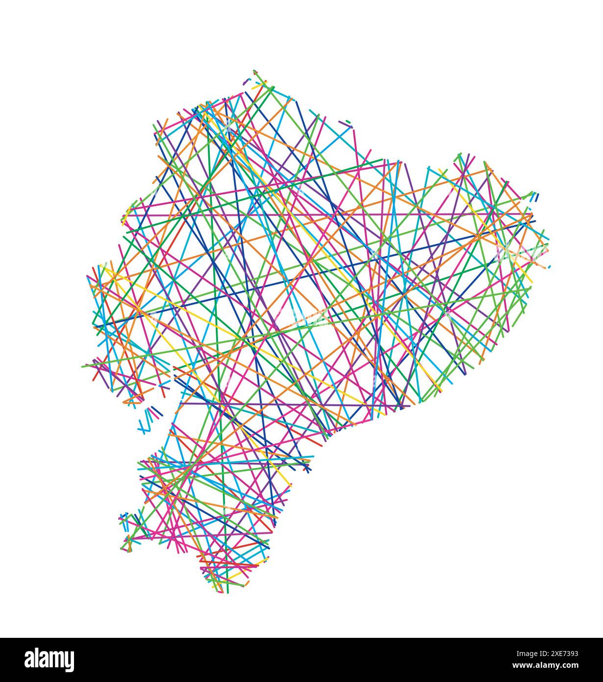 Mappa astratta dell'Ecuador che mostra il paese con linee colorate incrociate casuali come una ragnatela Illustrazione Vettoriale
