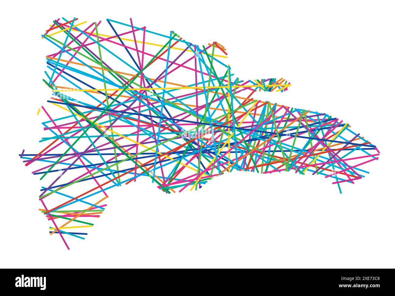 Mappa astratta della Repubblica Dominicana che mostra il paese con linee colorate incrociate casuali come una ragnatela Illustrazione Vettoriale
