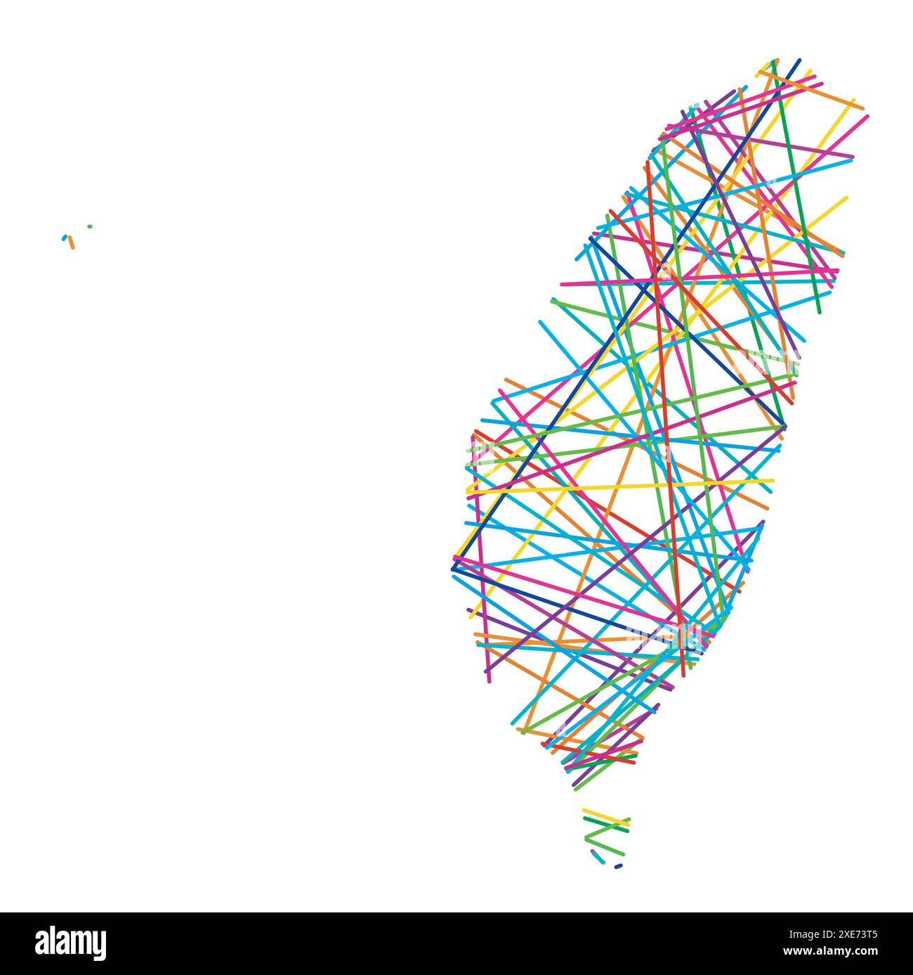 Mappa astratta di Taiwan che mostra il paese con linee colorate incrociate casuali come una ragnatela Illustrazione Vettoriale