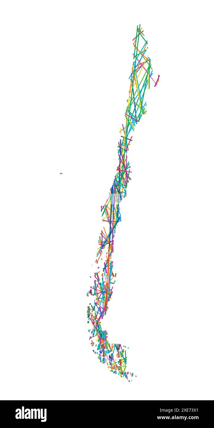 Mappa astratta del Cile che mostra il paese con linee colorate incrociate casuali come una ragnatela Illustrazione Vettoriale